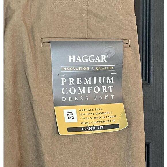 Haggar Men's Premium No Iron Khaki Classic Fit Expandable Waist Flat Front Pant - Picture 6 of 7